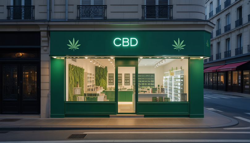 Devanture moderne d'une boutique CBD Chanvrery dans une ville française, éclairée par des néons lumineux la nuit, avec une vitrine élégante présentant des produits au chanvre