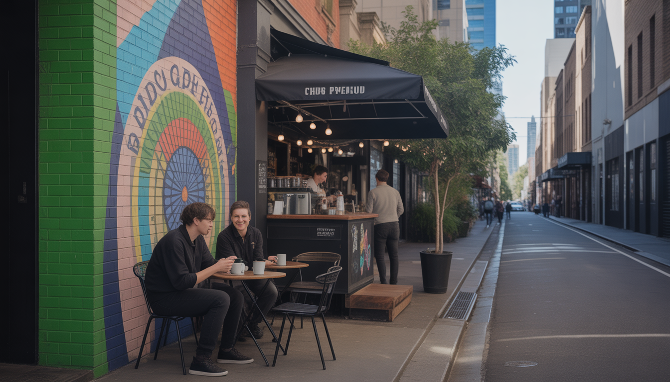 Scène urbaine de Melbourne avec cafés, street art et passants