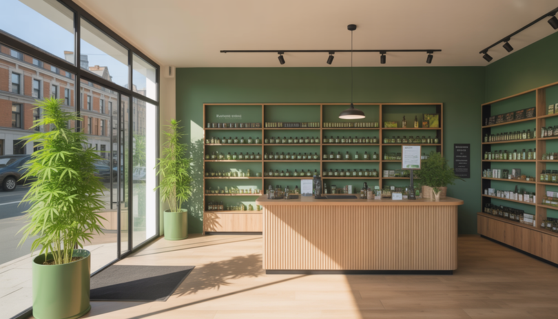 Devanture moderne de la boutique CBD Chanvrery à Dunkerque, avec intérieur en bois naturel, plantes de chanvre vertes, grandes vitrines lumineuses et design minimaliste épuré
