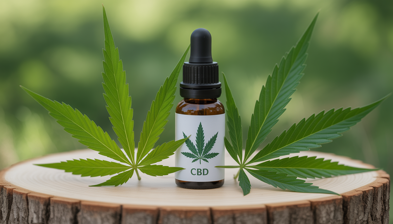 Bouteille d'huile CBD élégante posée sur bois avec feuilles de chanvre