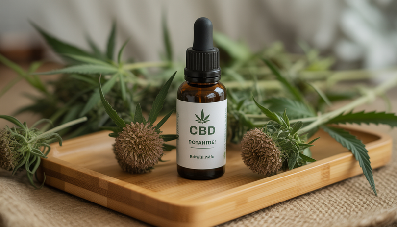 Flacon d'huile de CBD sur plateau en bois entouré de fleurs séchées