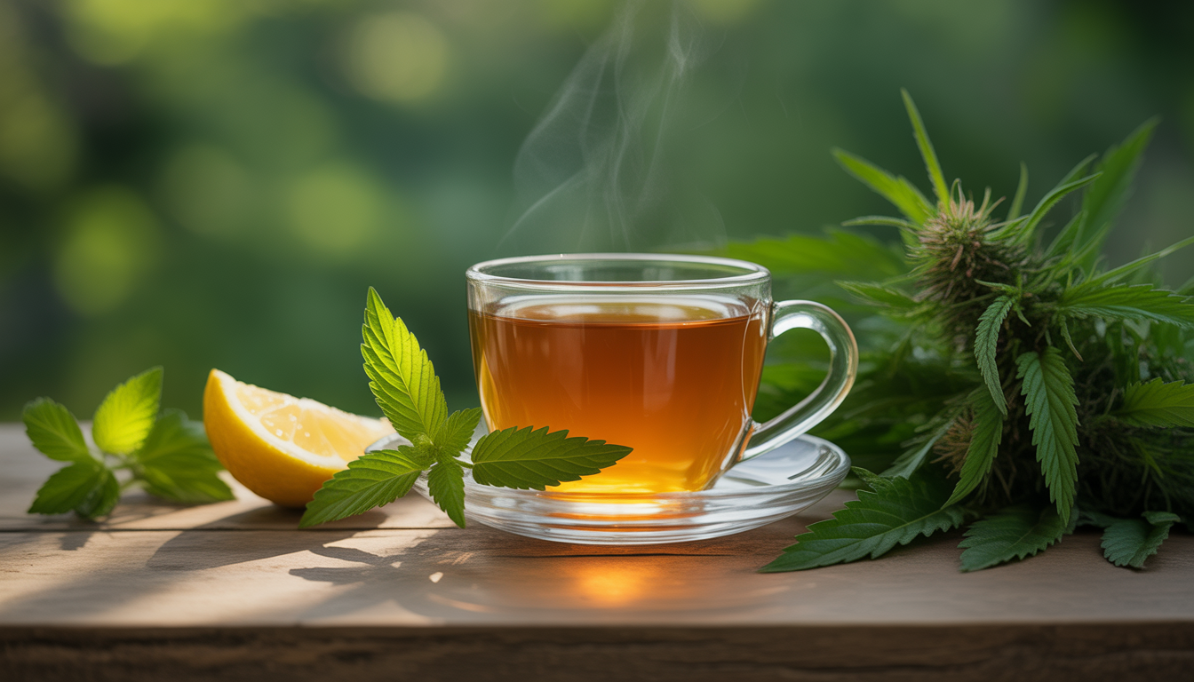 Tasse de tisane CBD fumante entourée de feuilles de chanvre, verveine et mélisse sur table en bois