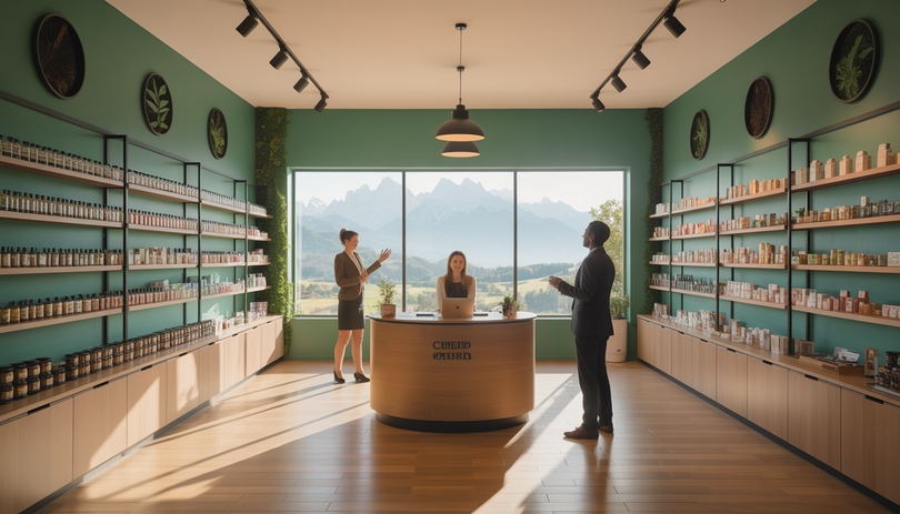 Intérieur moderne d'une boutique CBD à Chambéry avec des conseillers accueillants aidant des clients, des produits CBD bien exposés sur des étagères épurées et une vue sur les montagnes savoyardes en arrière-plan