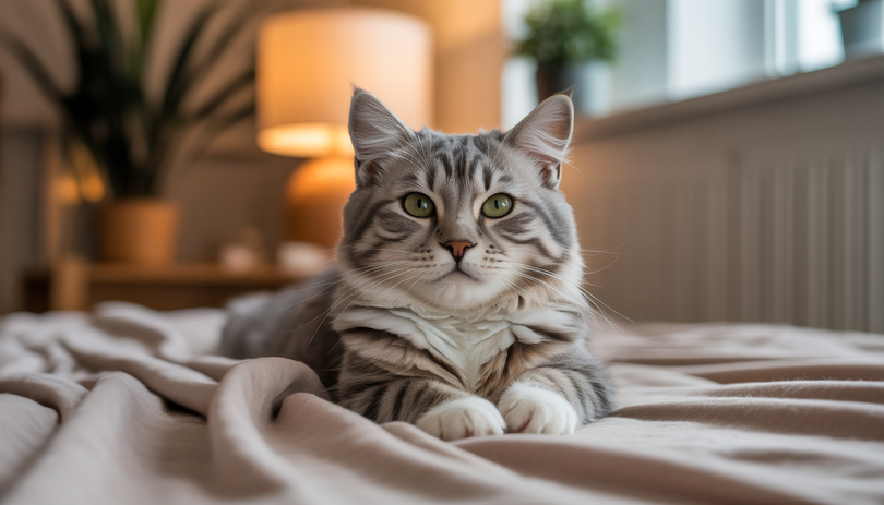 Chat allongé paisiblement sur une couverture moelleuse, intérieur cosy