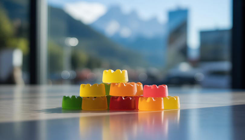 Gros plan sur des gummies CBD colorés et brillants posés sur une table moderne élégante, avec un arrière-plan urbain alpin flou et un éclairage naturel doux