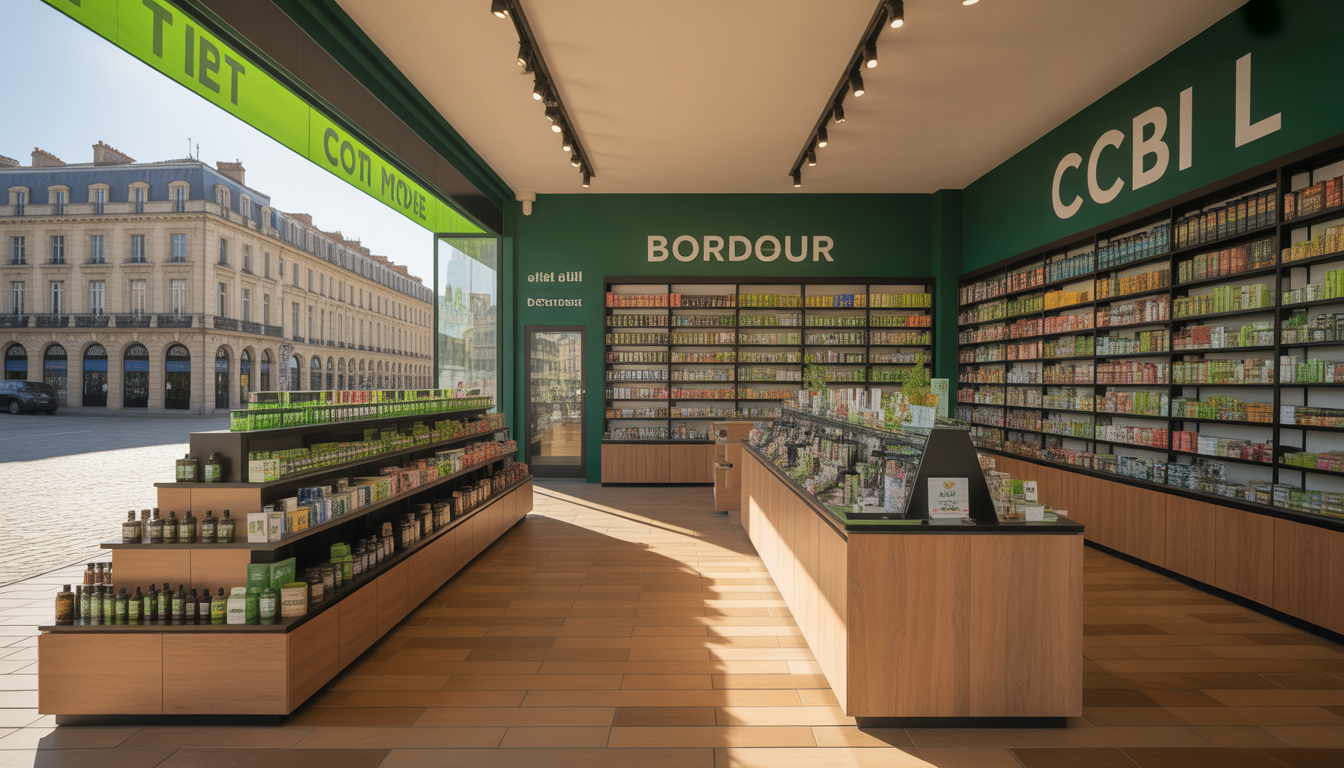Boutique photoréaliste de CBD à Bordeaux avec produits naturels et architecture emblématique