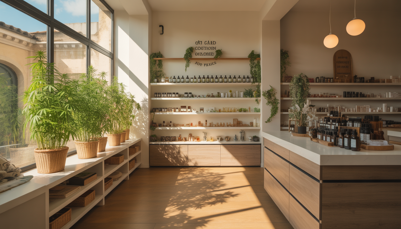 Intérieur photoréaliste d'une boutique CBD à Montpellier avec lumière du soleil, fleurs de chanvre et cosmétiques bio