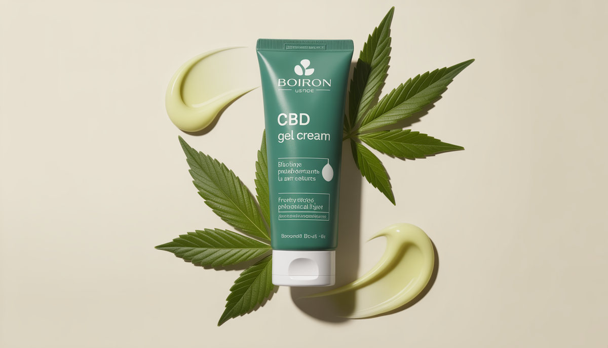 Tube de crème Boiron CBD avec texture crémeuse et éléments botaniques