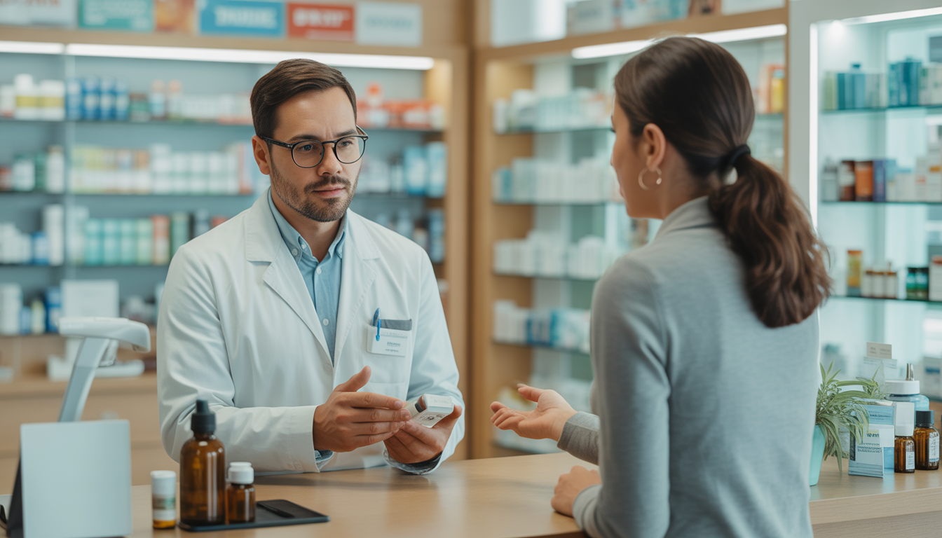 Pharmacist advising a customer about CBD oil at a clean, modern pharmacy counter