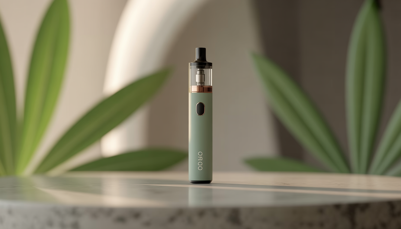 Photorealistic image of a modern CBD vape pen on a smooth stone surface with greenery in the background