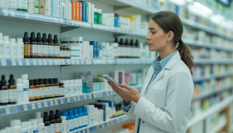 Produits CBD bien rangés sur une étagère de pharmacie avec un pharmacien à proximité