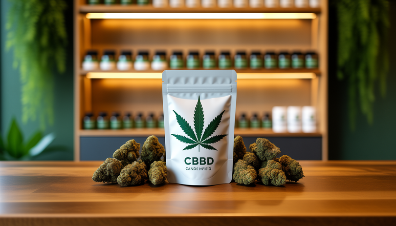 Pochette de fleurs de cannabis CBD posée sur un comptoir en bois chaud dans une boutique CBD premium, avec des plantes vertes et des étagères organisées en arrière-plan, éclairage doux et chaleureux