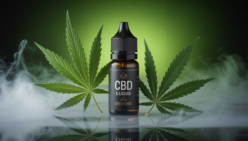 Flacon d'e-liquide CBD haute dose sur fond naturel épuré, avec une vapeur éthérée s'élevant autour du flacon, éclairage dramatique aux tons verts et terreux, photographie produit professionnelle