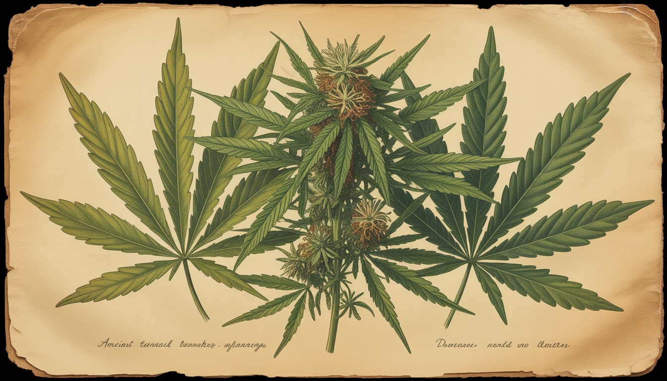 Illustration botanique ancienne de la plante de cannabis sur papier jauni et vieilli, tons sépia chauds, bords usés et textures fanées, style documentaire vintage