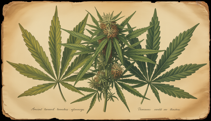 Illustration botanique ancienne de la plante de cannabis sur papier jauni et vieilli, tons sépia chauds, bords usés et textures fanées, style documentaire vintage
