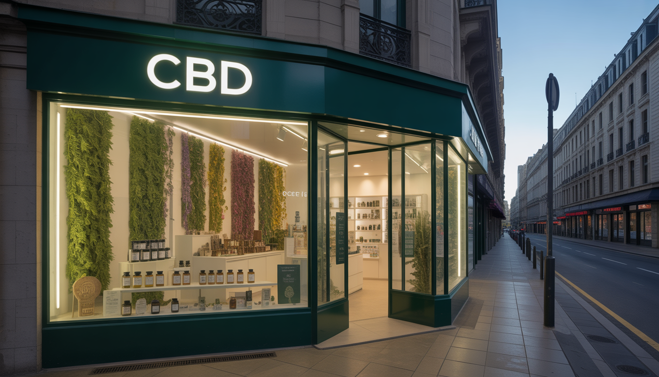 Façade d’une boutique CBD moderne avec vitrine éclairée et architecture Perret