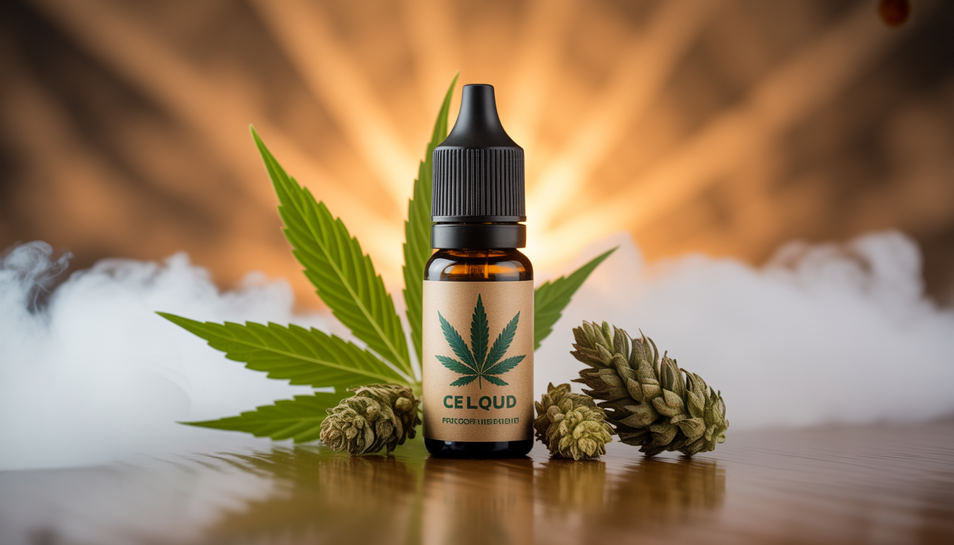 Bouteille de e-liquide CBD avec éléments de chanvre naturel et fond vaporeux