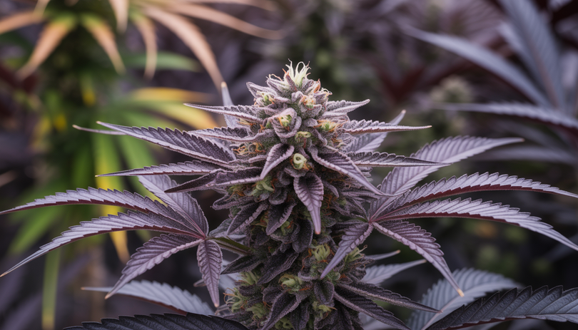 Gros plan d'une plante de cannabis CBD violette avec trichomes scintillants