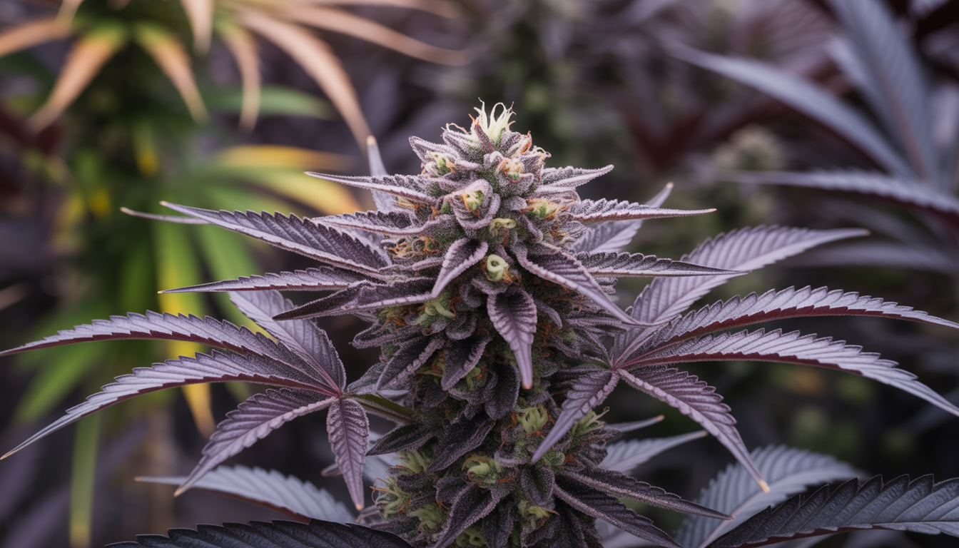 Gros plan d'une plante de cannabis CBD violette avec trichomes scintillants