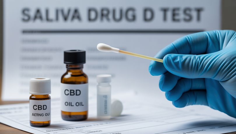 Test salivaire tenu par une main gantée avec écouvillon et flacon de CBD