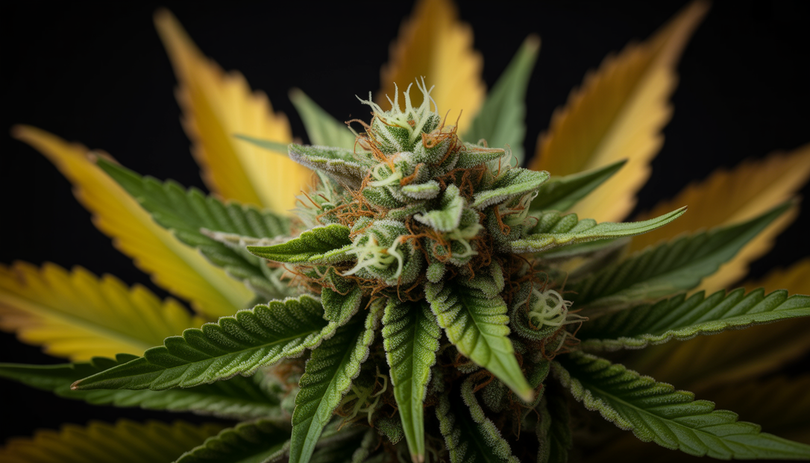 Fleurs de cannabis CBD compactes et résineuses sur fond sombre avec éclairage doré, montrant des trichomes brillants, des tons verts profonds et des pistils orange, photographie macro professionnelle Chanvrery