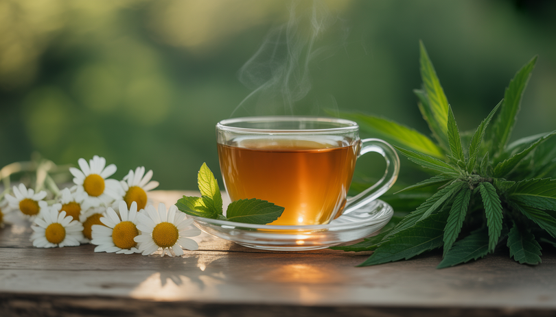 Tasse de tisane au CBD fumante entourée de chanvre, camomille et menthe sur une table en bois