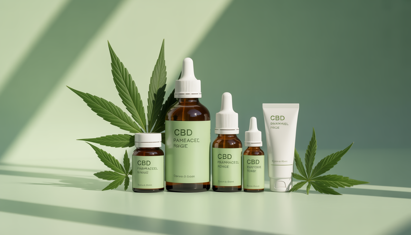 Gamme de produits CBD pharmaceutiques Chanvrery avec flacons et tubes aux tons verts et naturels sur fond blanc, éclairage doux, composition minimaliste et élégante