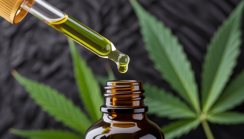 Photographie d'une goutte de CBD dorée sortant d'une pipette en verre au-dessus d'un flacon élégant sur fond noir avec feuilles de chanvre