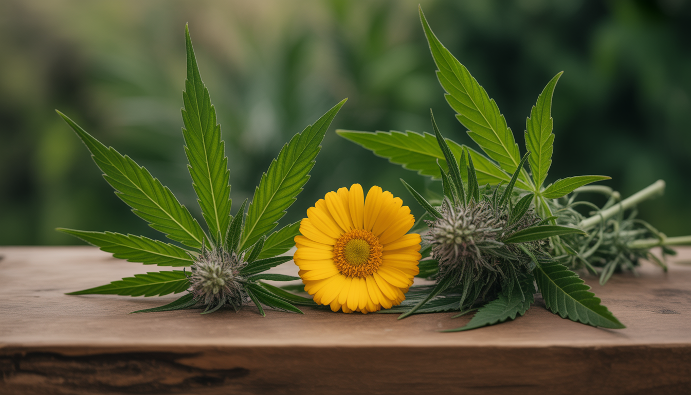 Assortiment de fleurs de CBD exposé sur du bois avec fond végétal