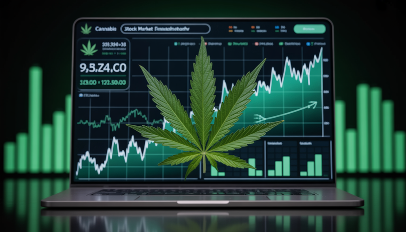 Tableau de bord boursier professionnel avec graphiques en hausse, écrans de trading intégrant des feuilles de cannabis vertes, indicateurs haussiers sur fond sombre avec accents verts