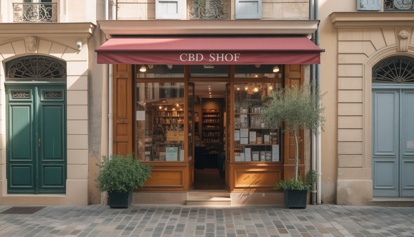Façade d'une boutique de CBD à Aix-en-Provence, rue pavée au soleil