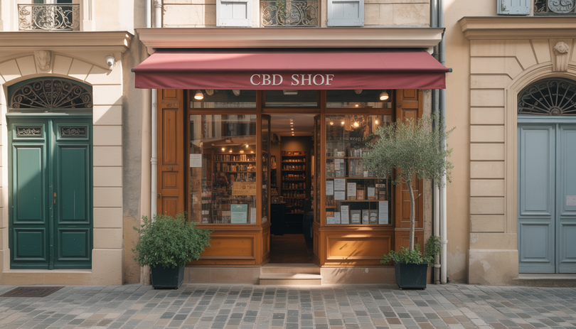 Façade d'une boutique de CBD à Aix-en-Provence, rue pavée au soleil
