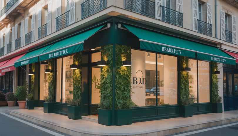 Devanture moderne et élégante de la boutique CBD Chanvrery à Biarritz, avec des plantes vertes et une décoration aux feuilles de chanvre, photographiée à la lumière dorée du coucher de soleil