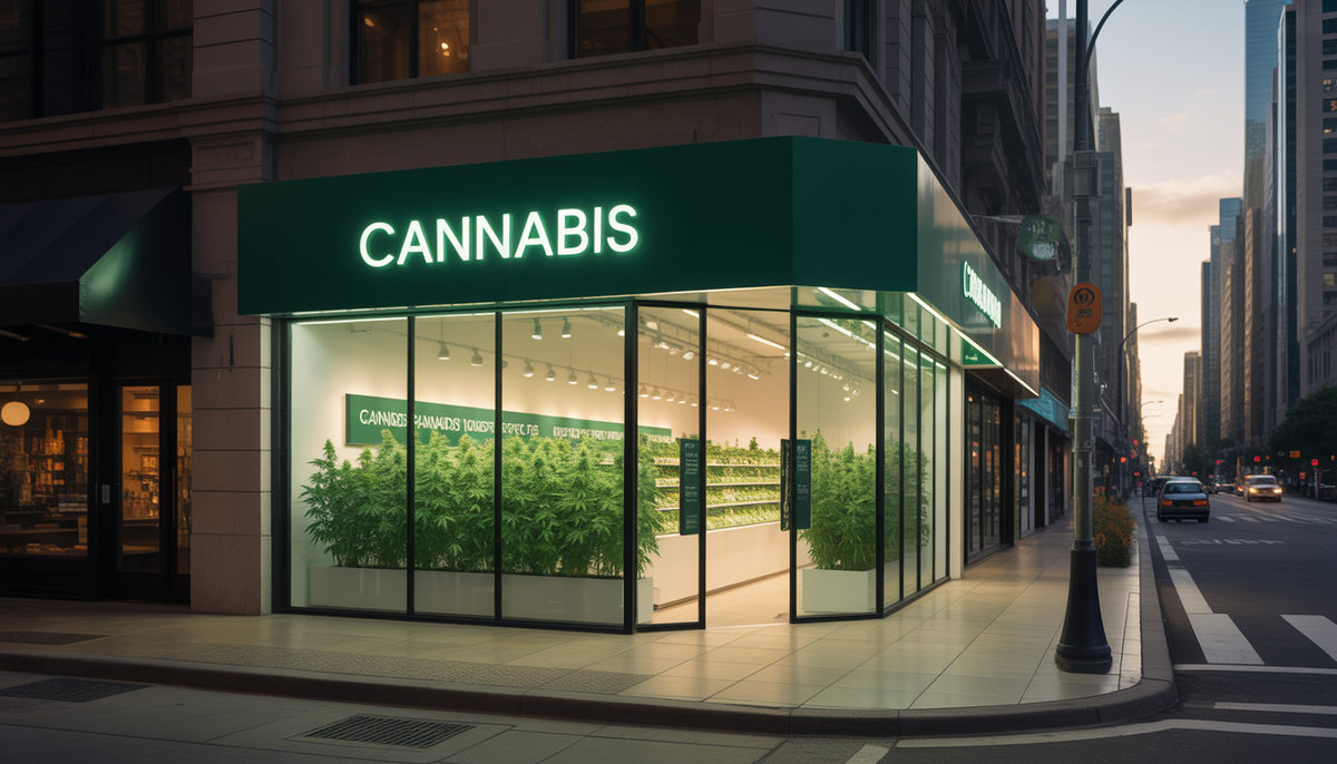 Façade architecturale moderne d'une boutique de cannabis Chanvrery avec de grandes vitrines transparentes laissant apparaître des plantes de cannabis vertes luxuriantes, éclairage chaleureux et ambiance dorée en milieu urbain