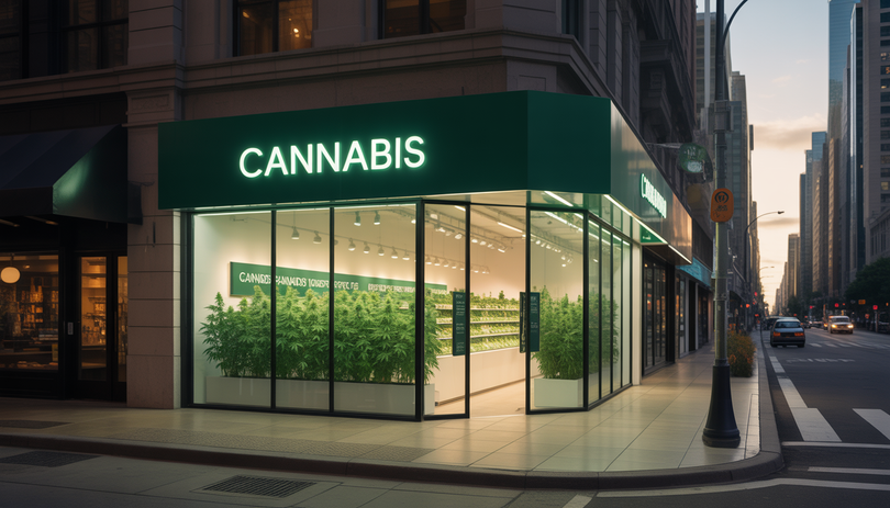 Façade architecturale moderne d'une boutique de cannabis Chanvrery avec de grandes vitrines transparentes laissant apparaître des plantes de cannabis vertes luxuriantes, éclairage chaleureux et ambiance dorée en milieu urbain