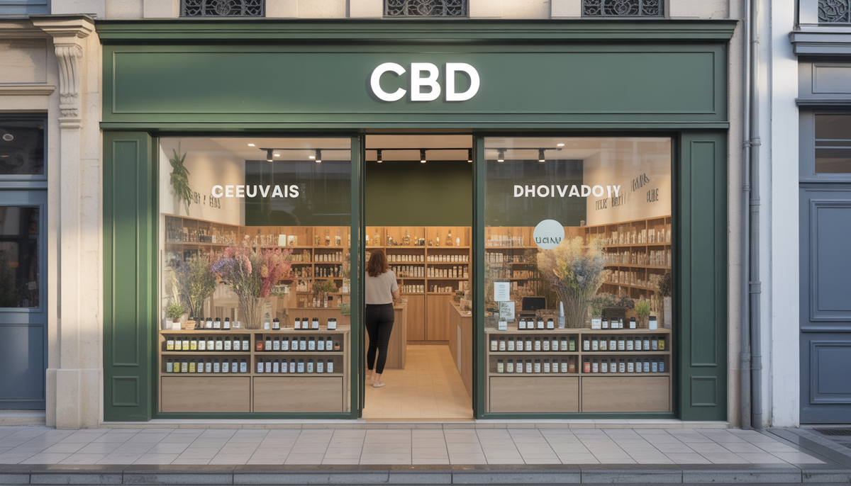 Extérieur photoréaliste d'une boutique CBD à Beauvais avec vitrines en verre et produits naturels exposés