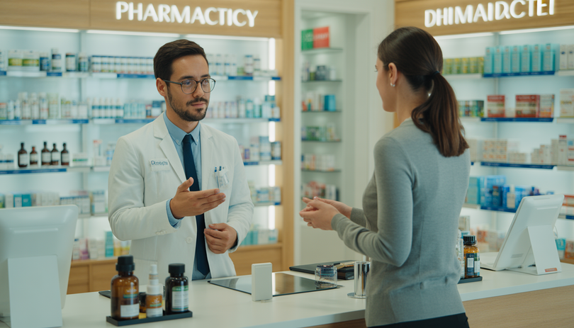 Un pharmacien en blouse blanche conseille un client au comptoir d'une pharmacie moderne, avec des produits CBD visibles en arrière-plan, dans une ambiance chaleureuse et professionnelle.