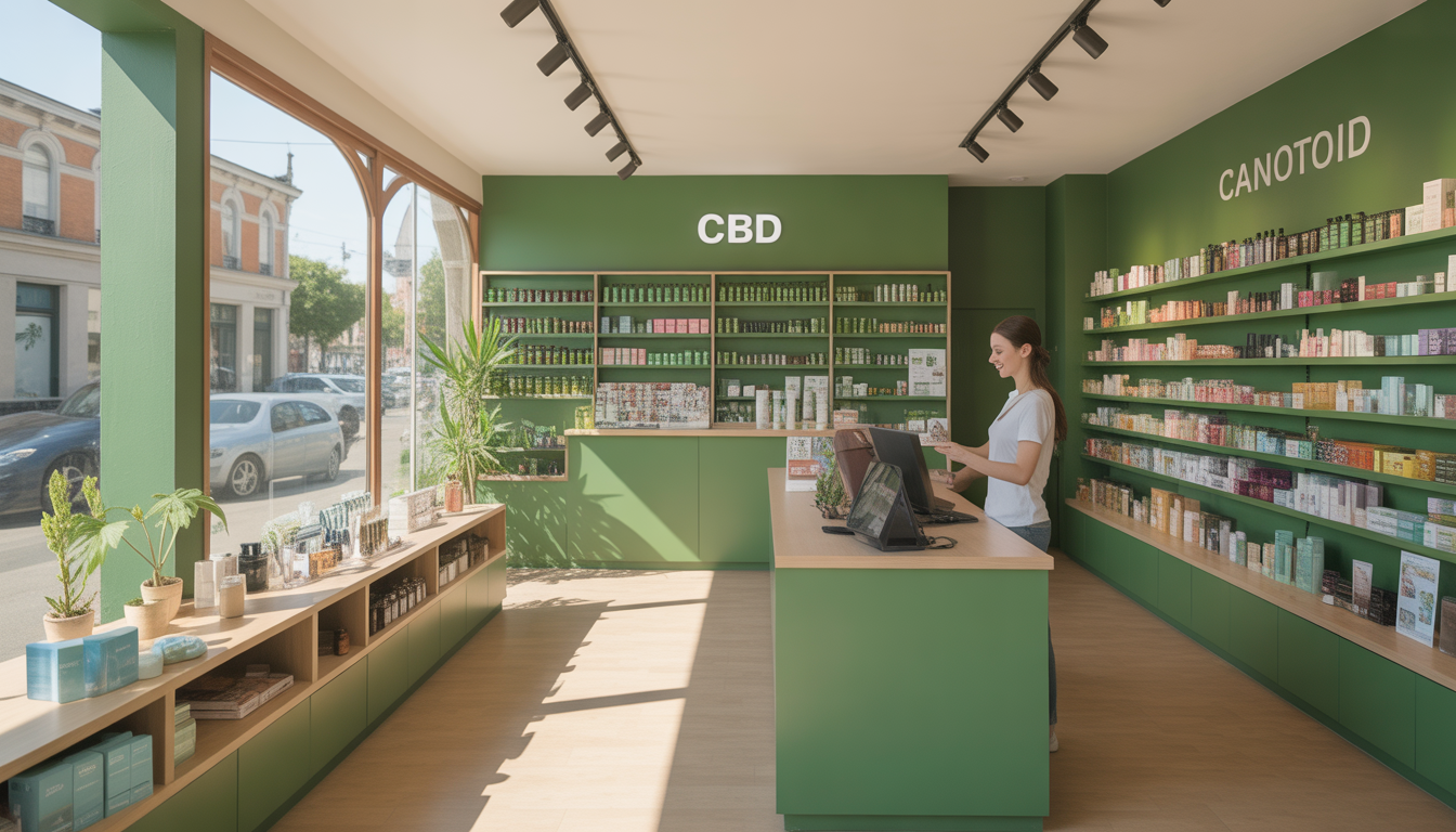 Intérieur photoréaliste d'une boutique CBD à Amiens avec lumière naturelle