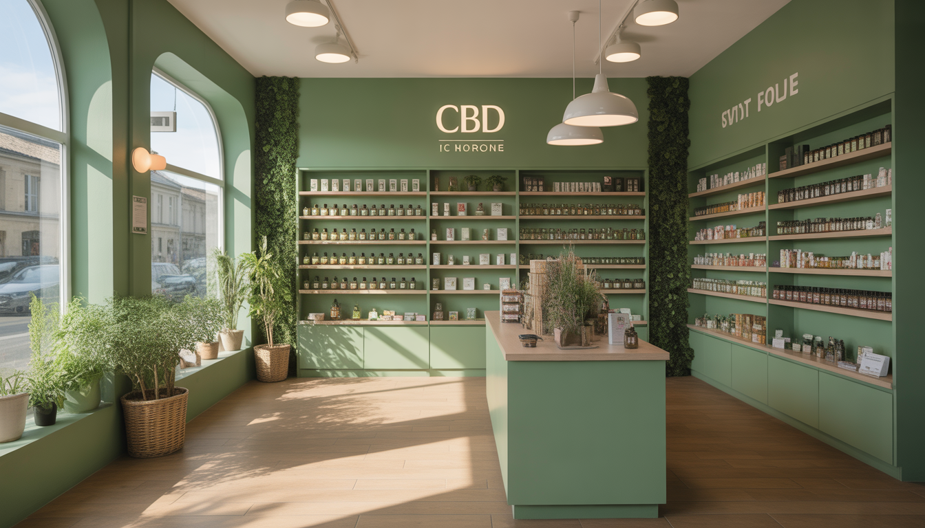 Intérieur photoréaliste d'une boutique CBD à Rouen avec éclairage naturel