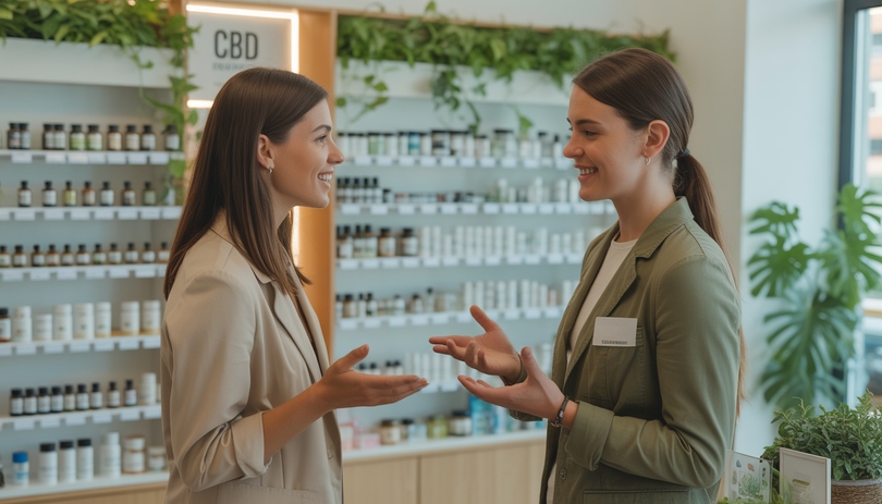 Un conseiller de la boutique Chanvrery discute avec un client devant des étagères soigneusement organisées de produits CBD, dans un intérieur lumineux et moderne avec des plantes vertes