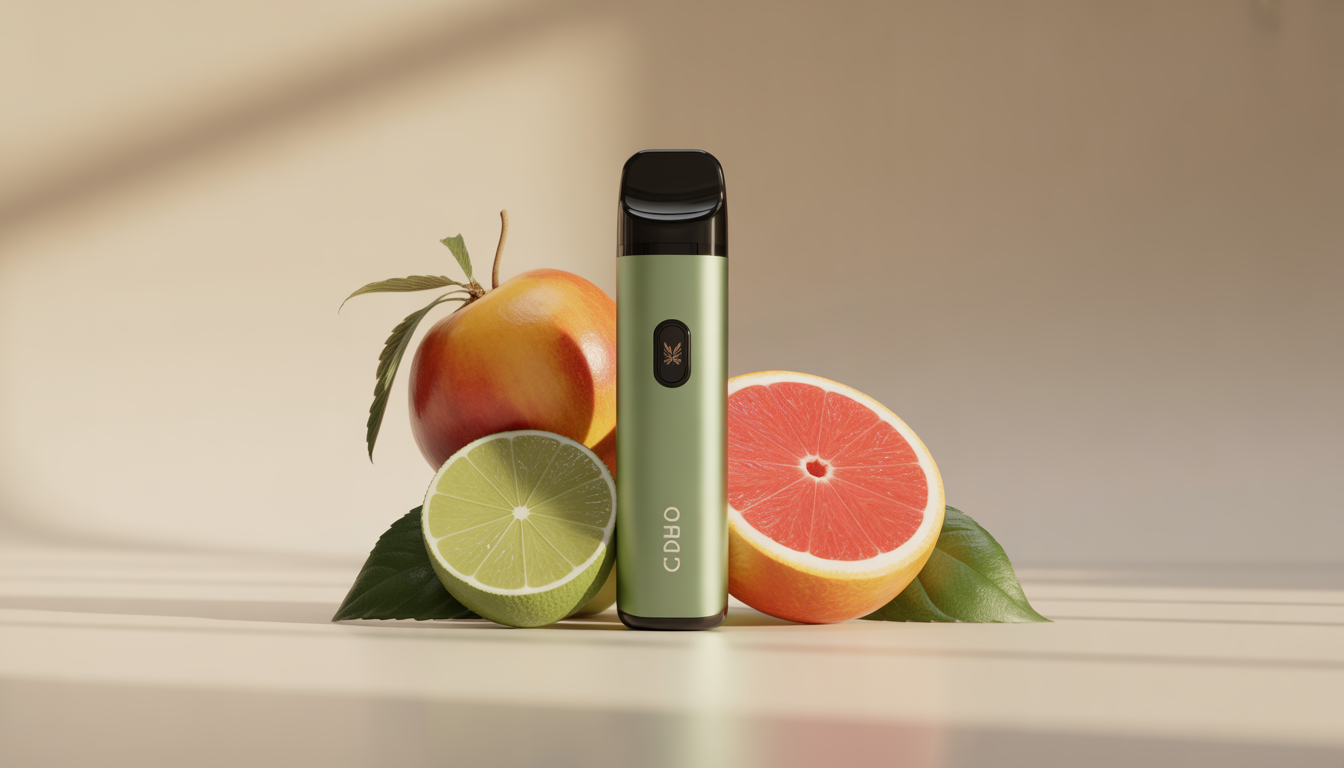 Vaporisateur CBD compact sur fond neutre avec éléments fruités