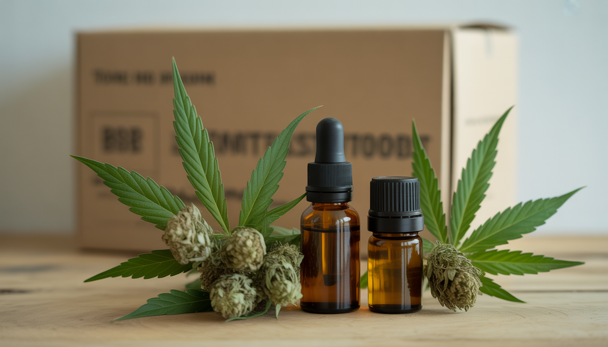 CBD flowers and oil bottles on wooden surface with soft lighting