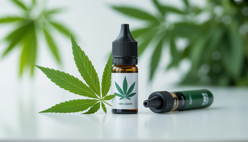 Flacon d'e-liquide CBD avec stylo vape et feuilles de chanvre sur fond blanc, photographie produit en lumière naturelle douce, style minimaliste moderne aux tons verts et blancs