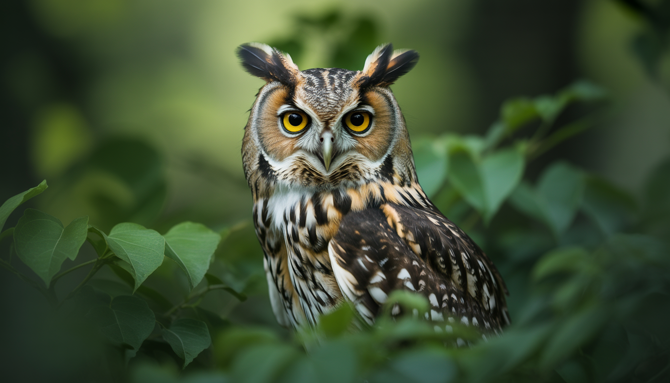 Green owl perched in dense foliage with intense eyes