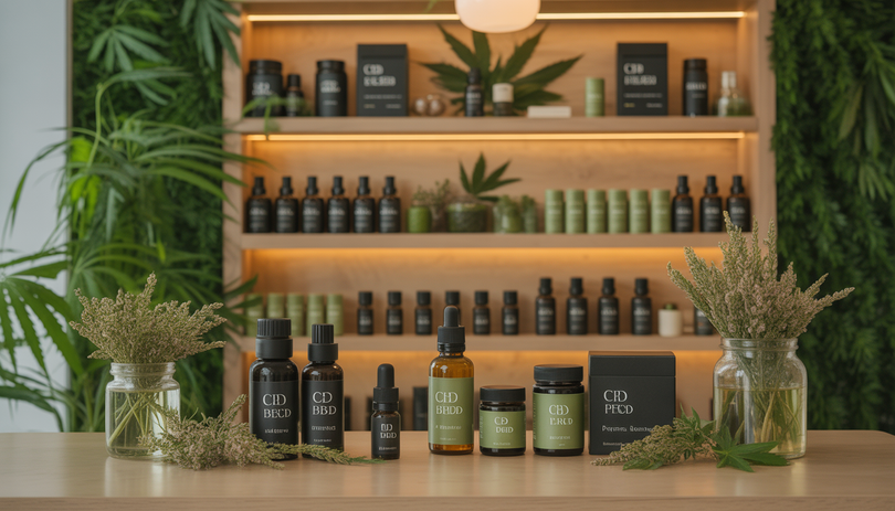 Intérieur d'une boutique CBD moderne avec des produits au chanvre disposés sur des étagères en bois, des plantes vertes, des bocaux en verre contenant des fleurs de chanvre et des huiles CBD, dans une atmosphère chaleureuse et accueillante