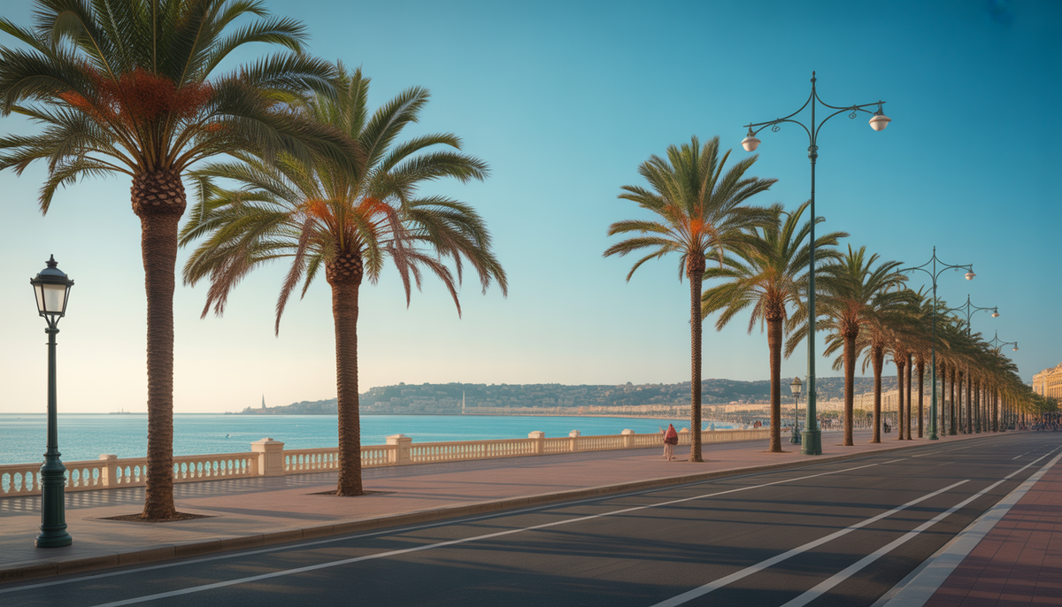 Vue photoréaliste de la Promenade des Anglais à Nice avec ciel bleu, mer Méditerranée et palmiers élégants
