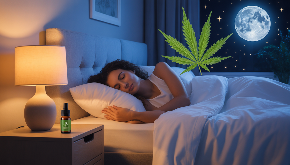 Personne détendue dormant dans un lit douillet avec flacon d'huile de CBD sur la table de chevet et ambiance nocturne apaisante