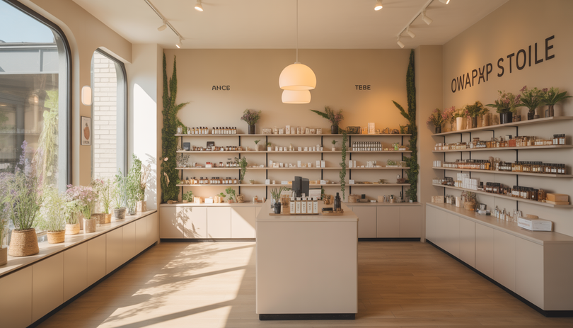 Intérieur photoréaliste d’un magasin de CBD à Nancy, avec étagères minimalistes, fleurs, huiles et cosmétiques naturels