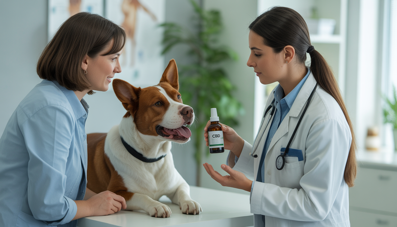 Vétérinaire en blouse blanche montrant une huile CBD à un propriétaire de chien dans une clinique, avec un chien calme à proximité