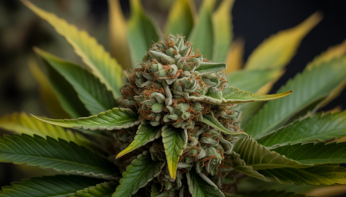 Fleurs de cannabis CBD Amnesia en macro, résineuses et colorées